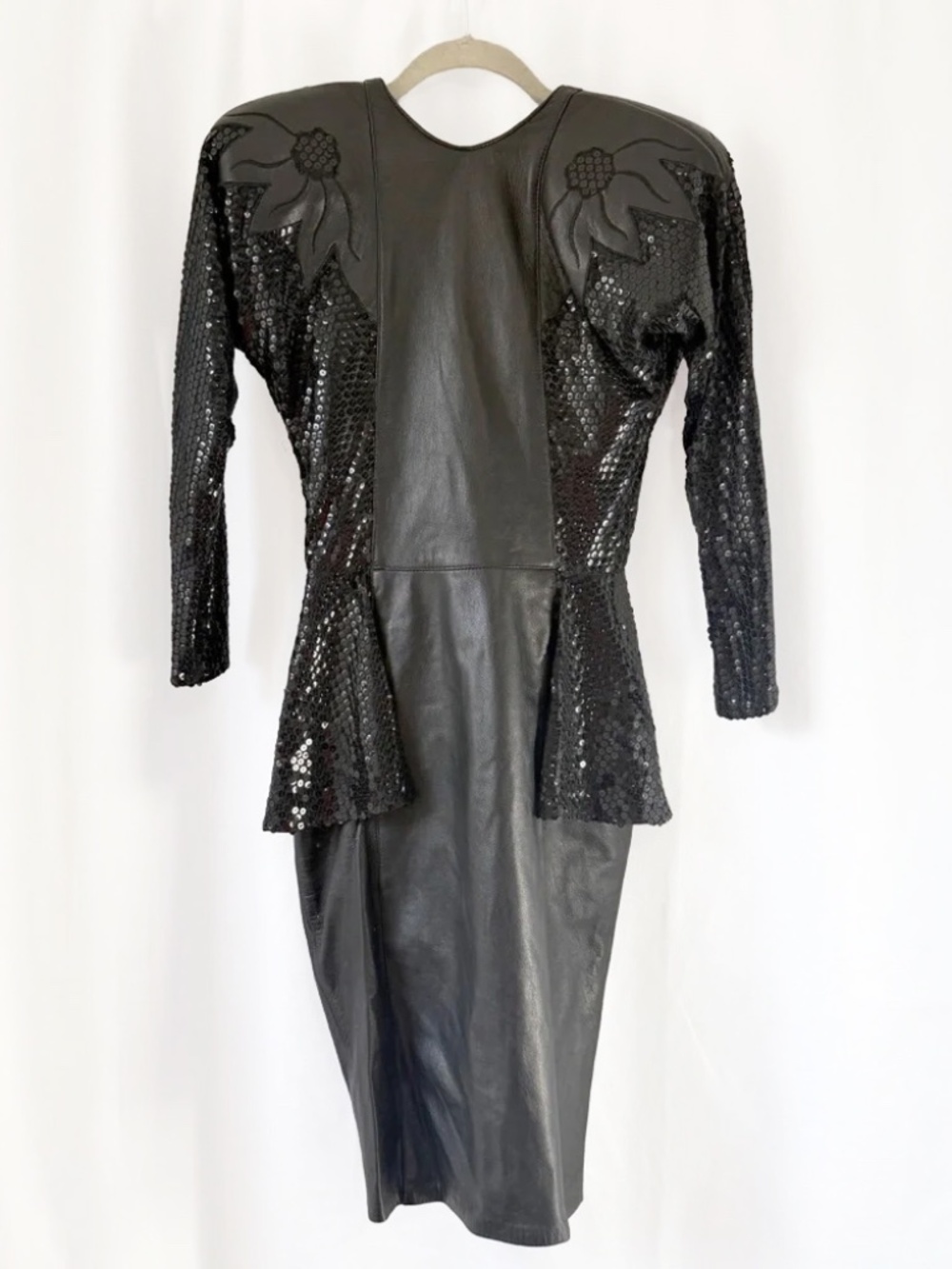Vintage Dali Melamé 80s Black Leather Sequin Peplum Dress XS
